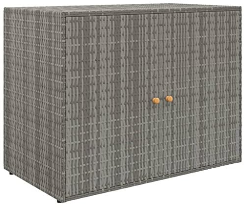 vidaXL Durable Grey Garden Storage Cabinet, All-Weather Poly Rattan, Spacious Storage, Powder-Coated Steel Frame, with Solid Acacia Wood Knobs.