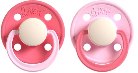 Rebael Fashion Schnuller | 2er-Pack | Naturkautschuk/Latex | Hergestellt in Dänemark | BPA-Frei | Sauger in Kirschform | Hot Pearly Flamingo/Rising Pearly Lobster, Größe 2 (6+ Monate)
