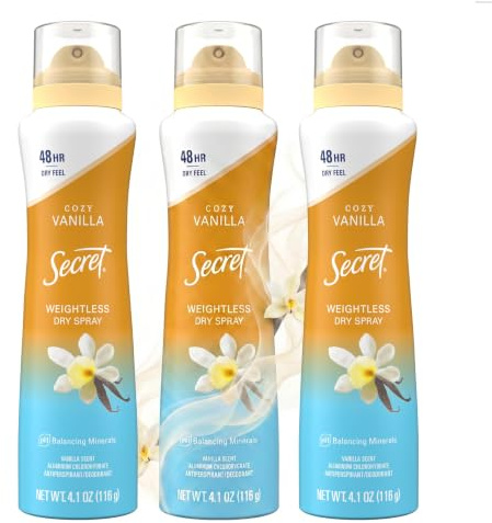 Secret Dry Spray Antiperspirant Deodorant for Women, 48hr Weightless Sweat & Odor Protection, Gentle on Skin, Cozy Vanilla Scent, 4.1 oz (Pack of 3)