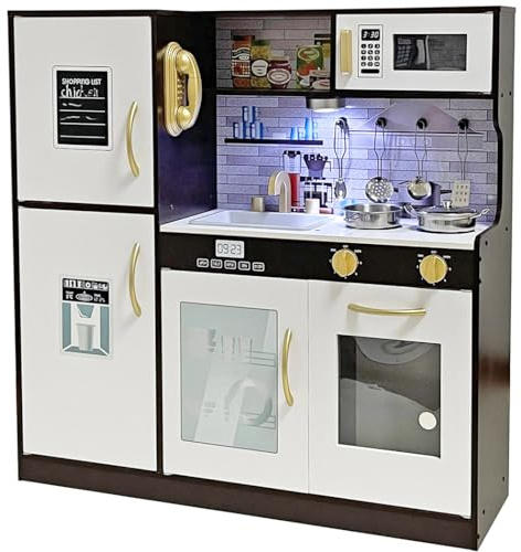 TOUCH US Wooden Play Kitchen Toy Set with Light, Kids Children Pretend Toy Kitchen Playset with Sink Play Toy,Oven Microwave,Toddler Cooking Set Toy for Ages 3+ Baby Girls Boys