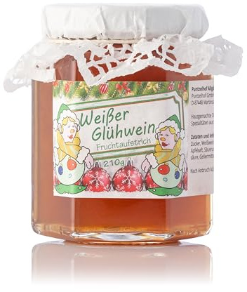 Weißer Glühwein Fruchtaufstrich aus dem Allgäu - Feinkost Geschenk zu Weihnachten mit Hütchen im 210g Glas