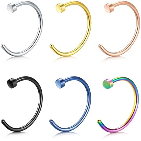 WillTen 6PCS Nasenpiercing Ring Hoop Chirurgenstahl, 16G 8mm C Form Septum Piercing, Nasenring Piercing Set für Frauen Mädchen