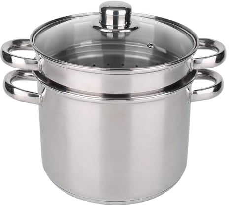 BAUMALU - Cuiseur à Pâtes - Acier Inoxydable - Tous Feux dont Induction - Triple Fond Diffuseur, Répartition Homogène de la Chaleur - Couvercle en Verre avec Bords Inox et Trou Vapeur - Ø24cm