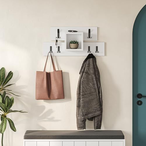 HOCUS PICUS Wandgarderobe Wandregal Wandregal mit 6 Haken Offener Würfel Weiß | Platzsparende Kleiderhaken mit Ablage für den Eingangsbereich, Holzgarderobenhaken, Aufbewahrung, 68 x 14, 80 x 32 cm