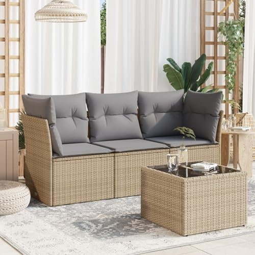 Homgoday Gartensofa 3 Sitzer mit Tisch & Kissen Balkonmöbel, Terrassensofa, Gartenlounge Sofa mit Stauraum, Balkon Lounge Sofa Ecksofa Garten Sitzgruppe Beige und Grau Poly Rattan