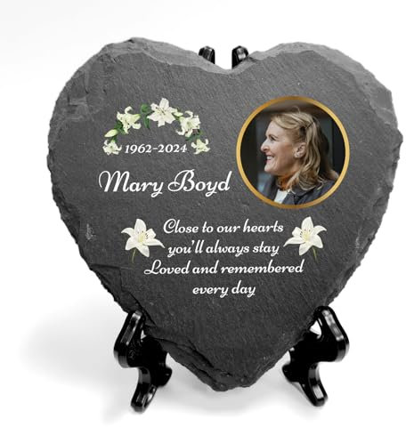 Personalised UV Printed Photo Memorial Grave Marker Heart Slate With Optional Display Stand
