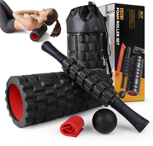 5 in1 Foam Roller Set, Trigger Point Foam Roller, Massage Roller Stick, Massage Ball, Resistance Band for Deep Muscle Massage Pilates Yoga,Fitness Exercise for Whole Body (Black-Red)