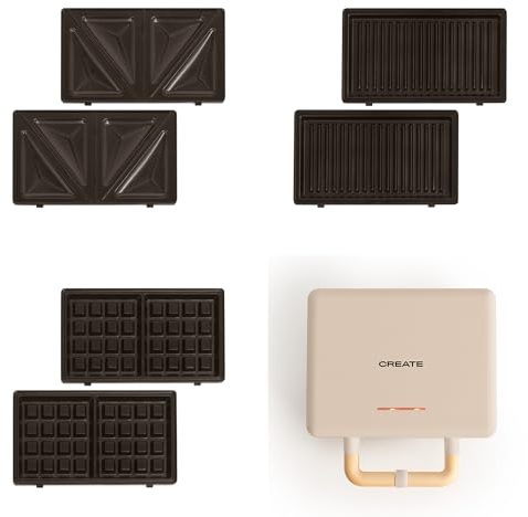 CREATE/STONE STUDIO/Doppelter Sandwichmaker und Grill in Sand / 3 austauschbare Platten: Grill, Waffel und Sandwich, Antihaftbeschichtung, 100º Öffnung, 2 Scheiben, Retro-Stil, 800W