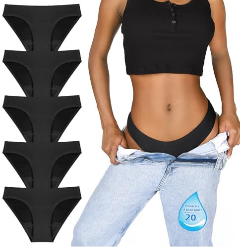 TIICHOO Periodenunterschwäsche Nahtlose Menstruationsunterwäsche für Damen Mädchen 5er Pack(XL, Schwarz)