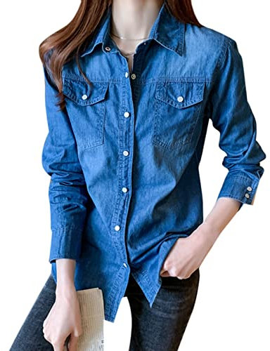 Chemise en Jean pour Femme Revers Blouse Double Poche Denim À Fermeture À Pression pour Femme Manches Longues Hauts Couleur Unie Grande Taille Printemps Eté Blouse Femme