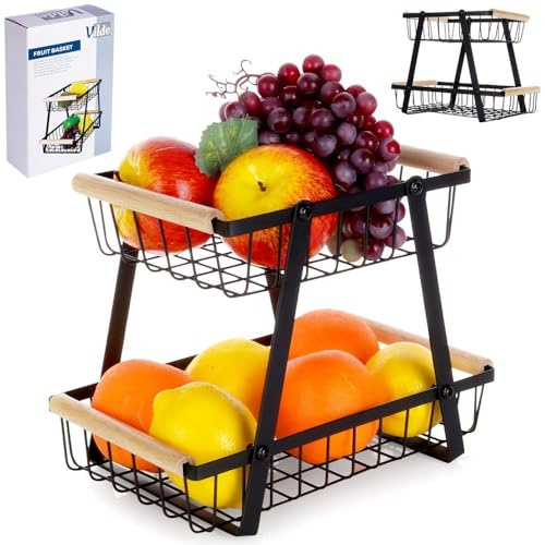 Vilde Obst Etagere - Zweistöckiger Obst- und Gemüsekorb 28x17,5x21 cm mit Holzgriffen - Metall Schwarz - Etagere Obstkorb Chic für Moderne Küche - Ideal für Flexible Obst Aufbewahrung