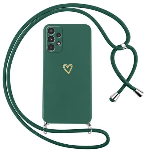 Oelrstfe Coque pour Samsung Galaxy A13 4G avec Cordon de Collier Étui Housse Souple Silicone avec Motif Coeur et Portable Lanyard Réglable Antichoc Anti-Chute Bandoulière Lanière Case,Vert