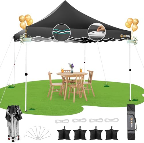 HOTEEL Faltpavillon 3x3 Wasserdicht Stabil Pop Up Pavillon Klappbar 3x3m Winterfest Partyzelt, mit 4 Sandsäcken, 4 Seilen, 4 Heringen und Gewelltem Rand, Verdickte 0,6mm Querrohre, 310cm Hoch, Schwarz