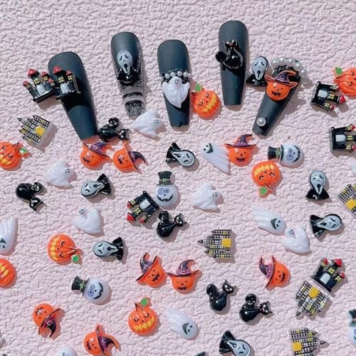 Halloween Cat Ghost Castle Pumpkin Nail Charms, 100PCS Resin Flatback 3D Art Gems, Supplies for Manicure Design Decorations DIY Crafting Jewelry Making (Multi-colored)