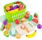 Cutting Play Food Toys for Kids Kitchen 1 2 3 Years Old, Wooden Pretend Meats、Fruits and Vegetables with Shopping Storage Basket, Play Kitchen Accessories for Toddlers Children Birthday Gift