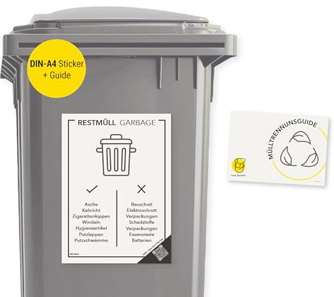 Frank Paperman® | Aufkleber Mülltrennung | Altglas blaugrün | selbstklebend | DIN-A4-Format 29,7 cm x 21 cm | Mülltonnen Aufkleber auf Deutsch & Englisch mit QR-Code (1 Restmüll, A4)