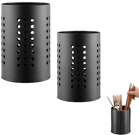 2 PCS Kitchen Utensil Holder Black,Kitchen Utensils Holder for Countertop,Stylish Cutlery Holders Organizer,Stainless Steel Black Utensils Caddy for Spoon, Knife, Fork, Storage Pot for Kitchens Gifts