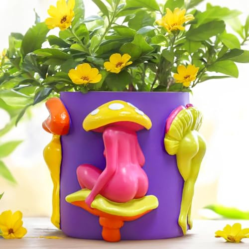 AmiCera Mushroom Lady Body Plant Pots, Unique Cute Planters with Drainage Holes, Funny Mushroom Butt Flower Pots, Indoor Succulent Planter Garden Decor, Modern Aesthetic for Decorating, Purple
