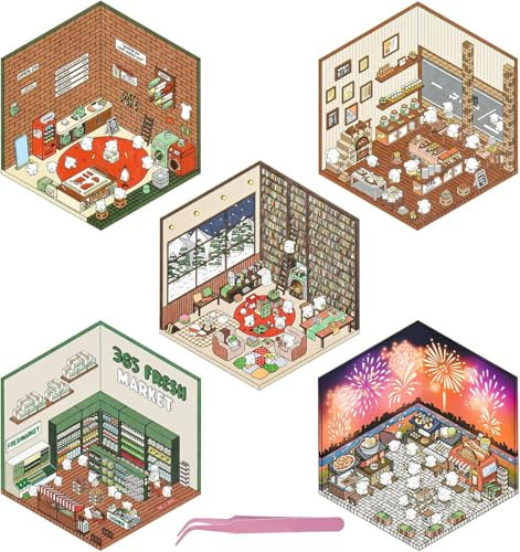 JINJUMEI 10 Sets DIY 3D House Stickers, Room Sticker Book mit Tweezers, DIY Stickers Scene, DIY 3D-Haus-Aufkleber, Gestalten Sie Ihr Eigenes Blumenzimmer Café Bäckerei und Bibliothek Stressabbau