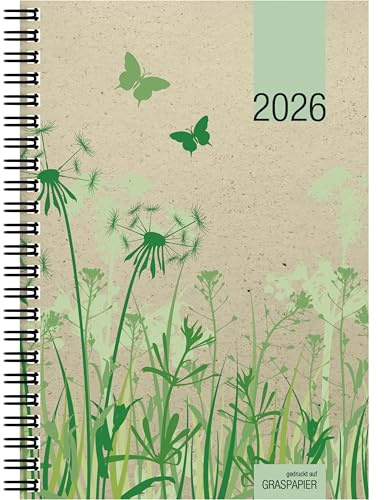 Zettler Wochenbuch 1W/2S Graspapier 2026 – Wochenkalender 14 × 20 cm, 1 Woche auf 2 Seiten, robuster Kartoneinband, nachhaltig produziert