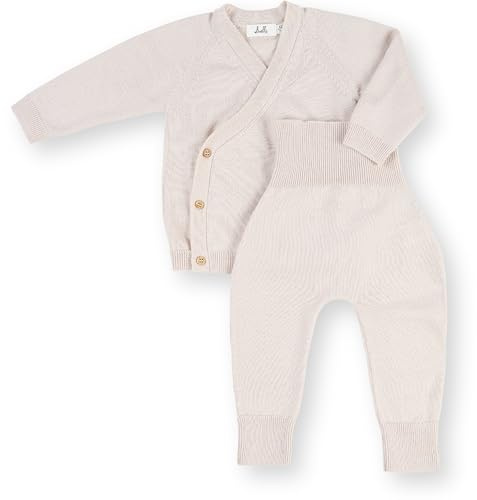 Livella Completo Neonato 100% Lana Merino - Pantaloni e Maglia a Incrocio Evolutivi - Taglie 50-74 - Rosa Antico & Crema - Lavabile in Lavatrice