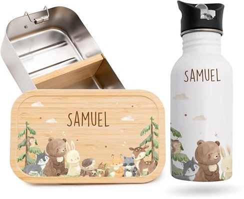 Kidsmood - Personalisiertes Trinkflasche & Brotdose Set, Edelstahl Brotdose Kinder mit Fächern & Trinkflasche Kinder Personalisiert mit Namen – Geschenk zur Einschulung Junge & Schultüte Mädchen
