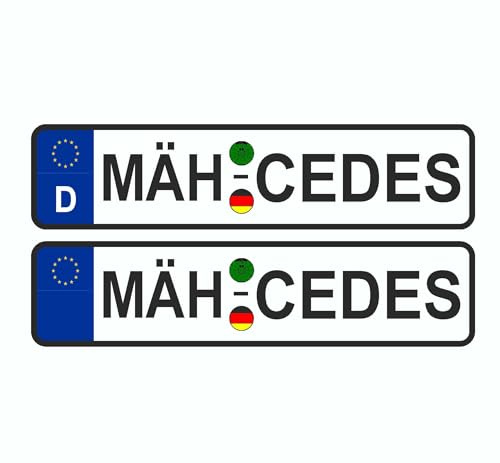 Skins4u lustige Kennzeichen Nummernschild Aufkleber Mähroboter witzige Namen oder auch personalisiert mit Deinem Wunschnamen individuell gestalten (2 Stück) (MÄHCEDES)