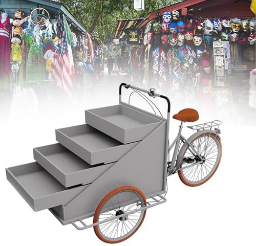 RNQZ Blumenwagen-Ausstellungsständer mit Rädern, Dessert-Süßigkeitenwagen, Marktblumen-Ausstellungsständer, 4 Regale, Dreirad-Verkaufswagen, Einzelhandelswagen, Dreirad-Transporter,Grau