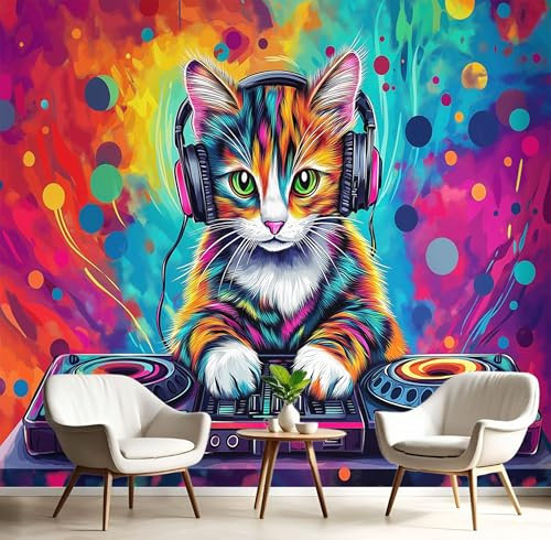 Papier Peint Animaux Néon 400×280cm 3D, Multicolore Wallpaper Panoramique, Graffiti Art Chat Papier Peint intissé Chambre Salon Personnalisé XXL Décoration Murale,Pour Salon Chambre Bureau