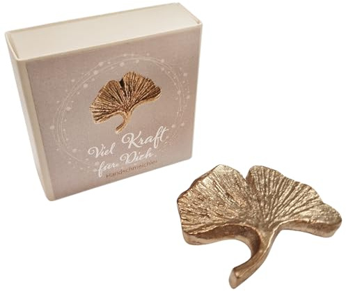 Herzmensch Kleiner Gingko Glücksbringer 4 x 4,5 cm aus massiver Bronze goldfarben mit dem Spruch - Viel Kraft für Dich - zur Genesung, Trost und Trauer