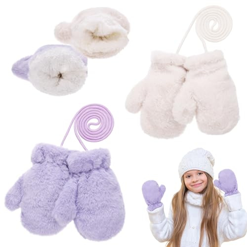 Yimomoyi 2 Paar Kinder Winter Fäustlinge, Fleece Handschuhe für Kleinkinder, Kinderhandschuhe auf Schnur, Warme Fausthandschuhe, Geburtstag Weihnachten Geschenke für 3 4 5 6 7 Jahre