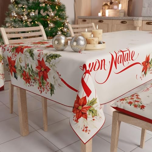 PETTI Artigiani Italiani - Tovaglia Natalizia Antimacchia Rettangolare Copritavolo Natalizio Cucina Disegno Candele X14 Posti (140x300 cm) 100% Made in Italy