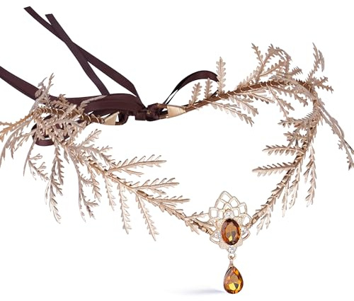 MOSTORY Mittelalter Feen Göttin Krone Elfe Haarschmuck für Faschingskostüm Damen, Gold Elfen Kopfschmuck Elfenkrone mit für Karneval Cosplay Accessoires