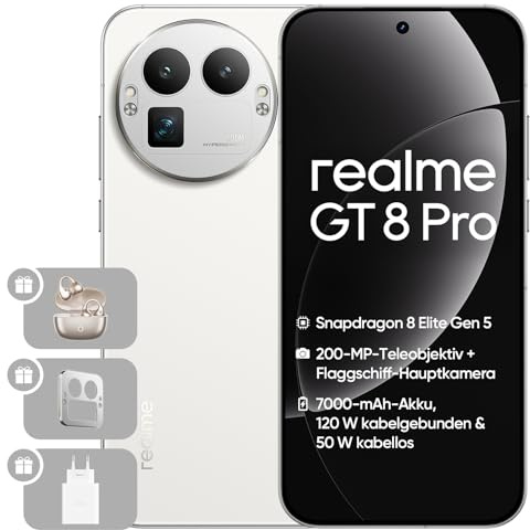 realme GT 8 Pro, 12+256 Go, Snapdragon 8850, Caméra Téléphoto 200MP, 50MP IMX906 OIS, Écran 6,78 2K 144Hz, Batterie 7000mAh, Recharge sans Fil 50W, IP69, Blanc, Adaptateur Inclus