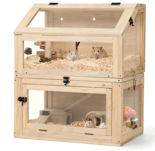 Hamsterkäfig Nagarium Zweistöckig Naturholz mit Acrylglas – Groß 60x40x70cm, Rattenkäfig für Bücherratte, Mehrstöckiger Käfig mit Trennbaren Ebenen & Klapptüren