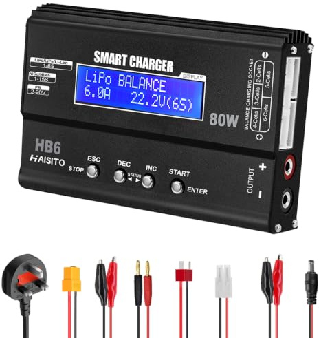 Lipo Battery Charger, 1S-6S Balanced Charger Discharger, 1-6S Lipo Li-ion NiMH NiCD Li-Fe Battery with Tamiya XT60 Deans Futaba Connector