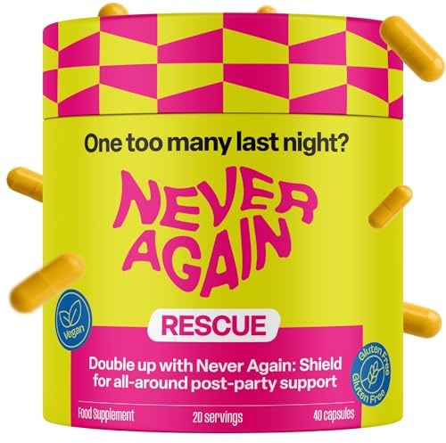 NEVER AGAIN | Rescue | Electrolytes Tablets w/Magnesium, Potassium & Sodium | Morning After Party Hydration Tablet w/Ginger, Prickly Pear & Vitamin B6 | Fatigue Reduction Formula | 40 Vegan Tablets