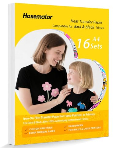 Hoxemator Bügelfolie zum Bedrucken für Dunkle Textilien [16 Blatt] Transferpapier zum Bedrucken für T-Shirts, Bedruckbare Bügelfolie für Inkjet & Laserdrucker, Transferfolie für DIY Baumwolle, Taschen
