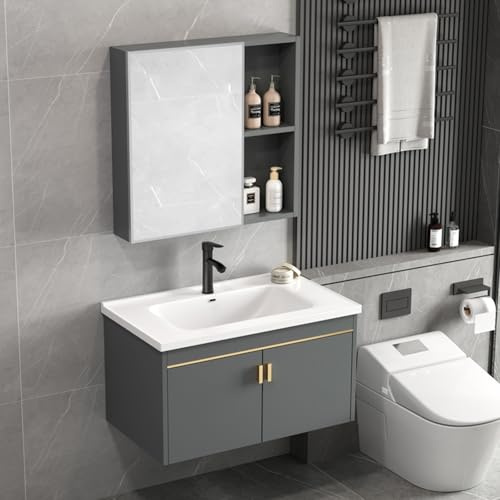 HYANXUE Tocadores de baño, mueble de tocador montado en la pared, lavabo, armario de espejo y lavabo combinado con lavabo de cerámica y grifo (gris, 70 x 47 cm)