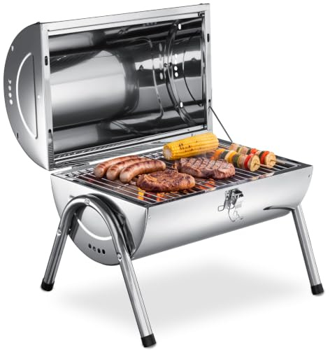 tectake®, Barbecue Portatile 2 in 1 in Acciaio Inox, Barbecue Carbonella Pieghevole da Tavolo, Griglia doppia con 2 vasche carbone, BBQ da Campeggio, per Giardino, Balcone e Picnic, 2 Pinze