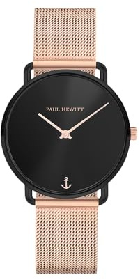 PAUL HEWITT Armbanduhr Damen Miss Ocean Black Sunray - Damen Uhr (Schwarz), Damenuhr Mesharmband in Rosegold, schwarzes Ziffernblatt, 33mm Gehäuse