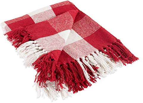 DII Manta rústica de Granja con borlas Decorativas, Uso para Silla, sofá, Cama, Picnic, Camping, Playa y Simplemente mantenerte cómodo en casa, Rojo y Blanco