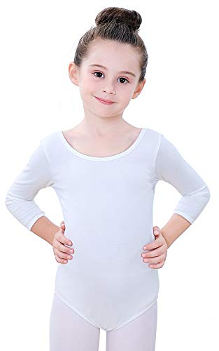Soudittur Kinder Ballettanzug Baumwolle 3/4 Langarm Ballett Trikot Tanz-Body Turnanzug für Mädchen (Weiß, Tag 120(Höhe: 115-125 cm))