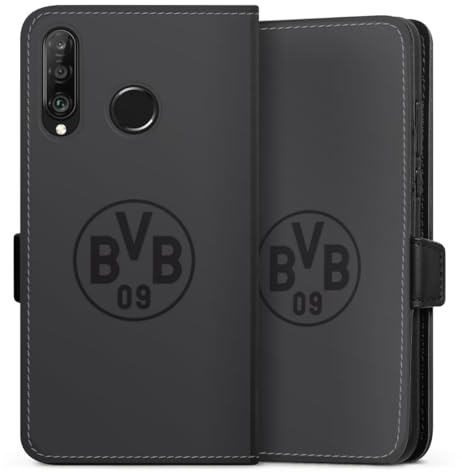 Klapphülle kompatibel mit Huawei P30 Lite New Edition Handyhülle aus Kunst Leder schwarz Flip Case Borussia Dortmund Logo BVB