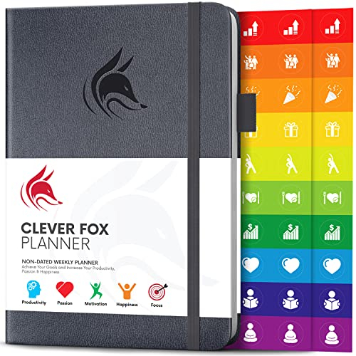 Der Clever Fox Planer - Kalender Notizbuch Organizer Tagebuch zur Steigerung von Produktivität, Motivation, Achtsamkeit, Glück, Erfolg und Zielerreichung, Undatiert, A5 - Silber Schwarz