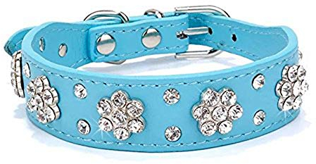 haoyueer Strass-Hundehalsband, niedliche Blume, Strasssteine, Katzen-Hundehalsband, glitzerndes Halsband, PU-Leder, verstellbare Größen, S, M, Blau