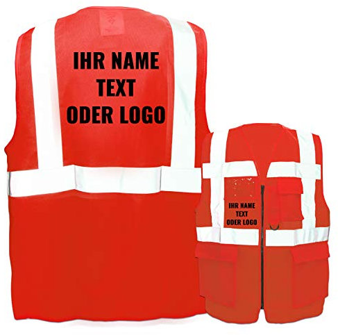 Warnweste mit Reißverschluss und Taschen * Druck auf Rücken + Front/Standard-Druck * Farbe & Größe: Rot/Größe XXL * Aufdruck selbst gestalten * Bedruckt mit Design Foto Text Logo