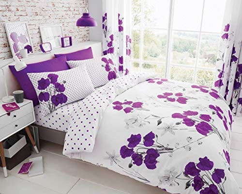 FAIRWAYUK Floral Duvet Set - 3 Piece King Size Bedding with Matching Pillowcase, Reversible Soft Flowers Printed Bed Sets, Poly Cotton, Easy Care Quilt Covers, Purple, 230x220cm