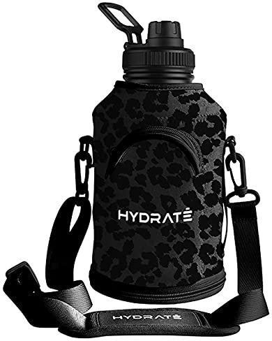 HYDRATE Carrier Sleeve for Stainless Steel XL Jug 1.3 Litre - Neoprene Sleeve with Phone Pouch - Water Bottle Holder with Strap and Storage Case - Hydration Accessories for Travel (Leopard Print)