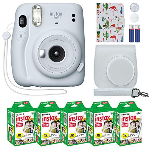 Cámara instantánea Fujifilm Instax Mini 11 + Paquete de Accesorios MiniMate y Funda Personalizada Compatible + Paquete de película Fuji Instax (50 Hojas), álbum de Fotos de Flamenco (Blanco Hielo,